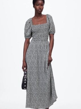 Madewell Floral Puff-Sleeve Maxi Dress in Black and White